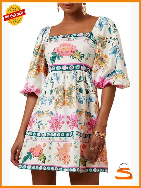 Dresses & Skirts - Floral Print Square Neck Puff Sleeve A-Line Swing Dress 3/4 Length